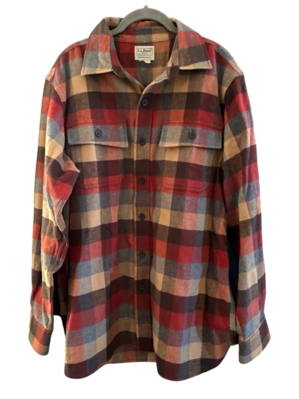 LL Bean Chamois Shirt Mens Large Plaid Heavyweight Flannel Apple Cinnamon Cotton